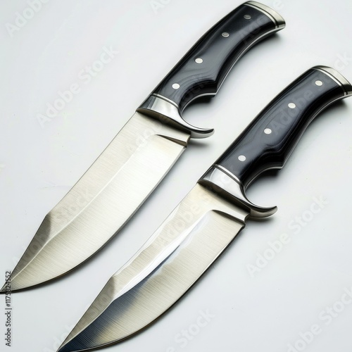 Two exquisite hunting knives with brushed steel blades and elegant black handles. photo