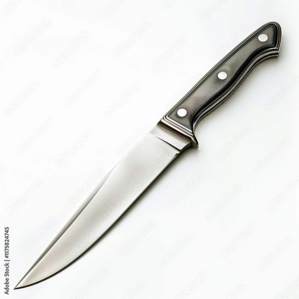 Sleek fixed blade knife with a brushed steel blade and a dark, textured handle. Sleek fixed blade knife with a brushed steel blade and a dark, textured handle.