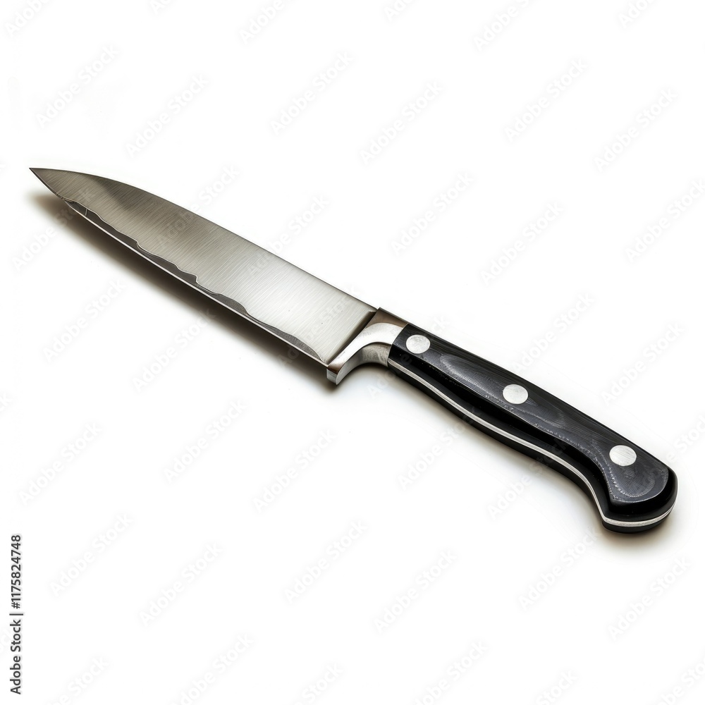A sharp kitchen knife with a sleek, silver blade and a black, textured handle. A sharp kitchen knife with a sleek, silver blade and a black, textured handle.