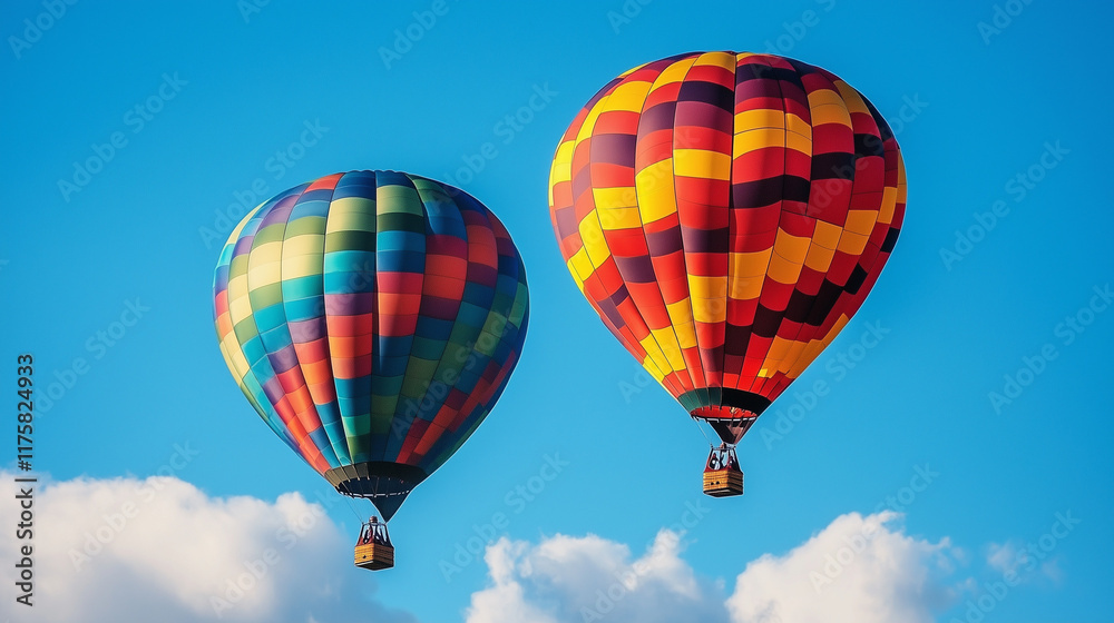 Naklejka premium Hot air balloons in colorful patterns flying against clear blue sky