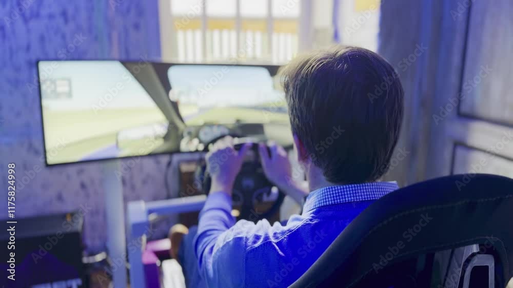 Individual enjoys realistic car racing simulation using advanced technological setup in indoor environment
