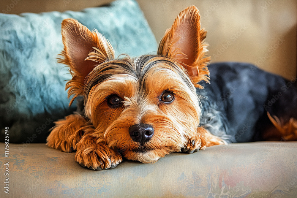 A dog is lying on the sofa in the living room at home, smiling and looking at the camera. The cute pet is wrapped in a warm blanket on the couch, with a close-up portrait. A dog is lying on the sofa in the living room at home, smiling and looking at the camera. The cute pet is wrapped in a warm blanket on the couch, with a close-up portrait.