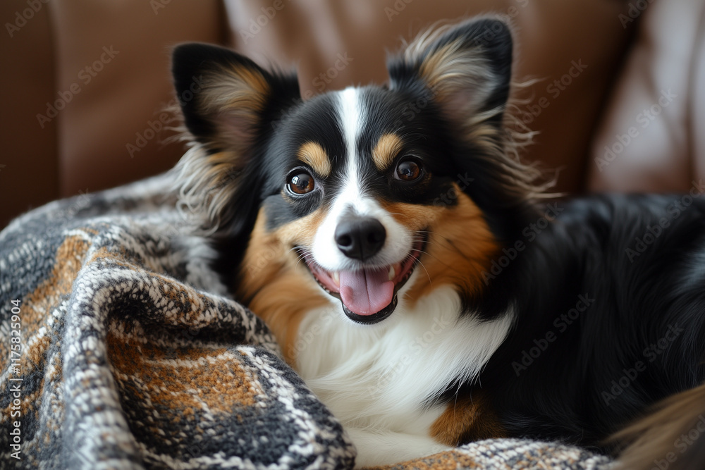 A dog is lying on the sofa in the living room at home, smiling and looking at the camera. The cute pet is wrapped in a warm blanket on the couch, with a close-up portrait. A dog is lying on the sofa in the living room at home, smiling and looking at the camera. The cute pet is wrapped in a warm blanket on the couch, with a close-up portrait.