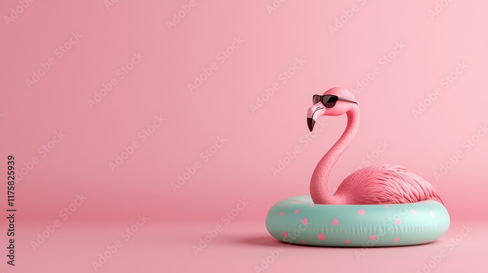 Fototapeta premium Pink Flamingo in Pool Float Minimalist Summer Concept, 3D Render, Pastel Colors Summer, Flamingo
