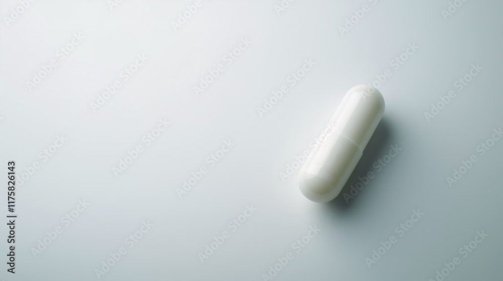 Single Mixed Color Capsule on White Background with Text Space, Reflective Surface Single Mixed Color Capsule on White Background with Text Space, Reflective Surface