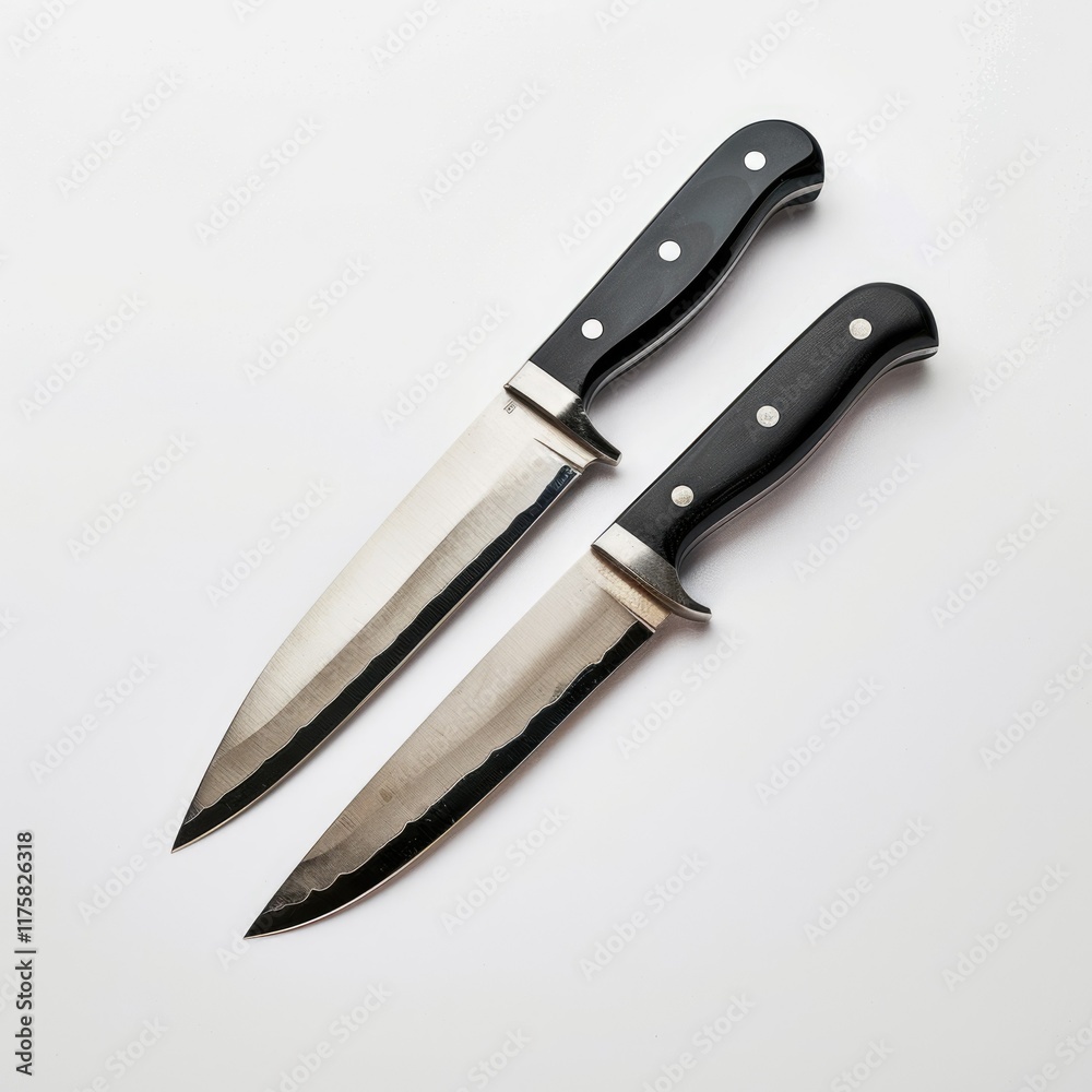 Obraz premium Two sharp kitchen knives with black handles are placed on a white background.
