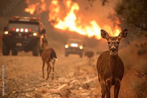 Deer roam cautiously near a road as flames engulf the landscape behind them. The scene captures the tension between nature and the threat of wildfire, showcasing the urgency of the situation photo
