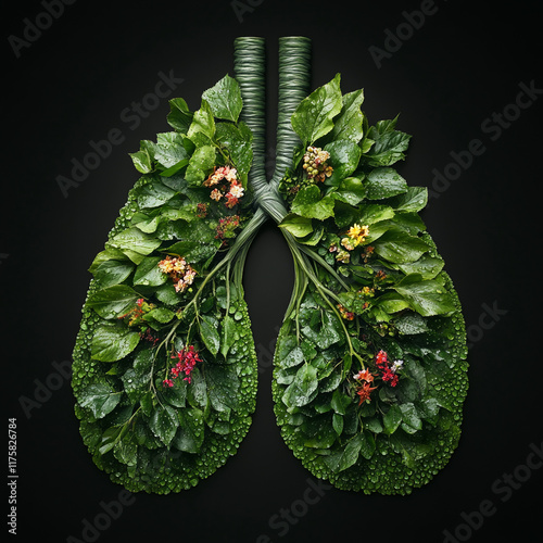 Lungs formed from green leaves and colorful flowers symbolizing health and nature photo