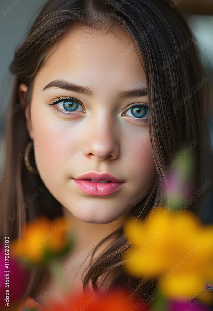 Close-up portrait of a young beautiful girl, bright and vivid colors, beautiful portrait with sharp features and elegant makeup, blurry foreground, with white tones