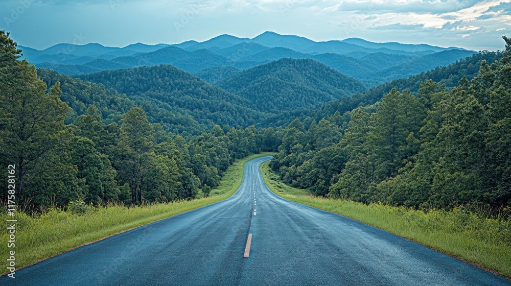 Naklejka premium A winding road through lush green mountains under a cloudy sky.