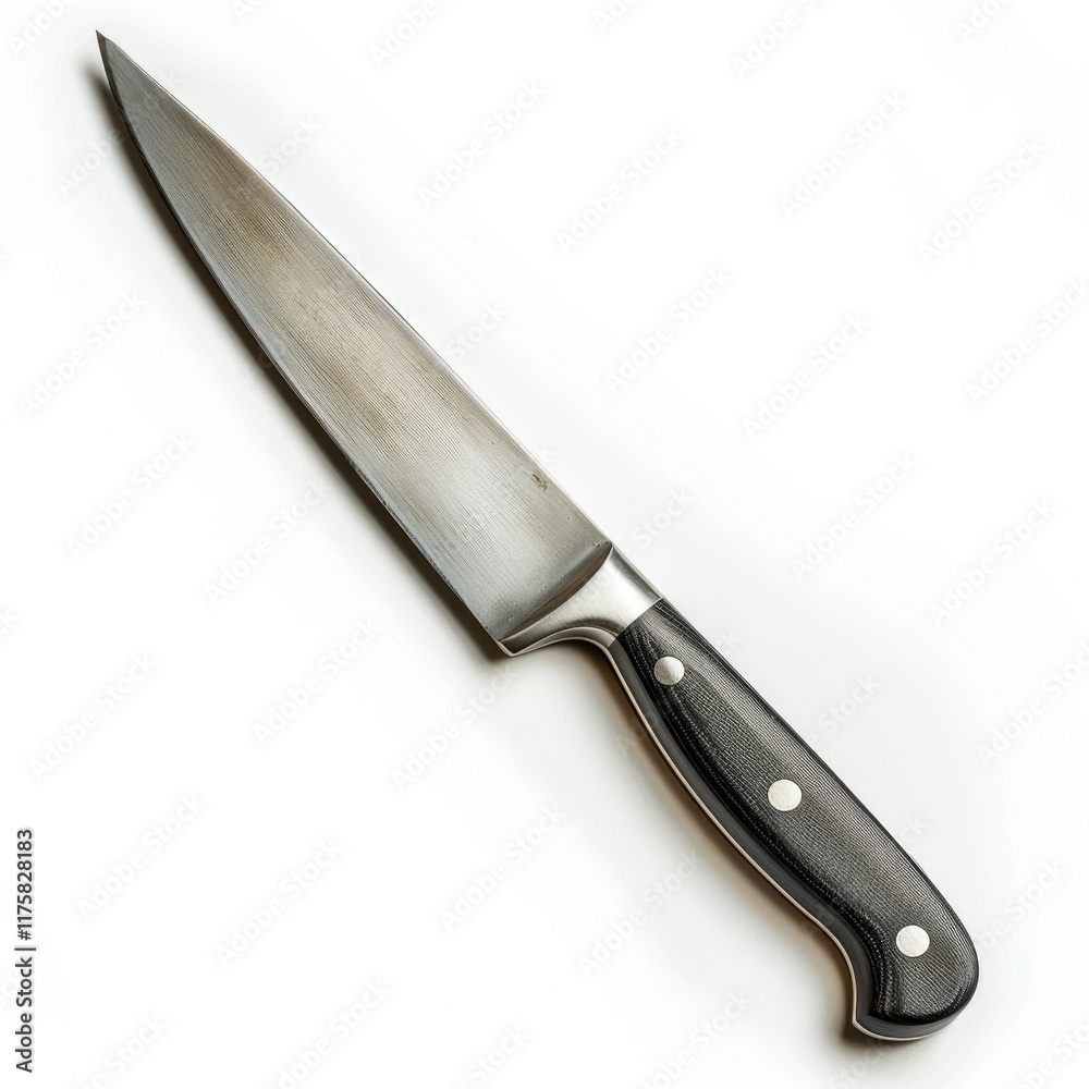 A stainless steel kitchen knife with a black handle, isolated on a white background. A stainless steel kitchen knife with a black handle, isolated on a white background.