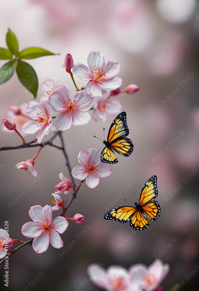 Obraz premium Flowering branches and petals on a blurred background and butterfly, clipart style, with white tones