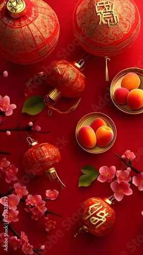 Symbolic Chinese elements Happy Chinese New Year 2025 vector banner, incorporating lucky symbols like the lanterns, peaches, and gold ingots photo