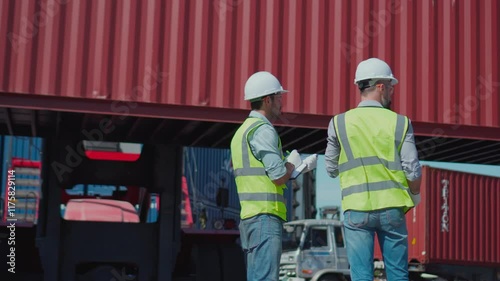 Shipping foremen and engineers manage container logistics, ensuring smooth import/export operations in an industrial setting.