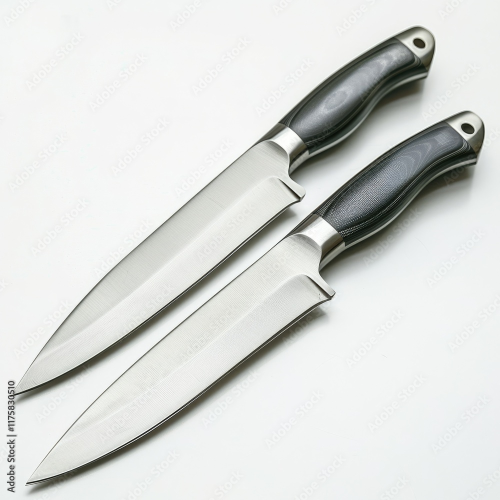 Obraz premium Two sleek chef's knives with dark gray handles, sharp blades, and stainless steel.