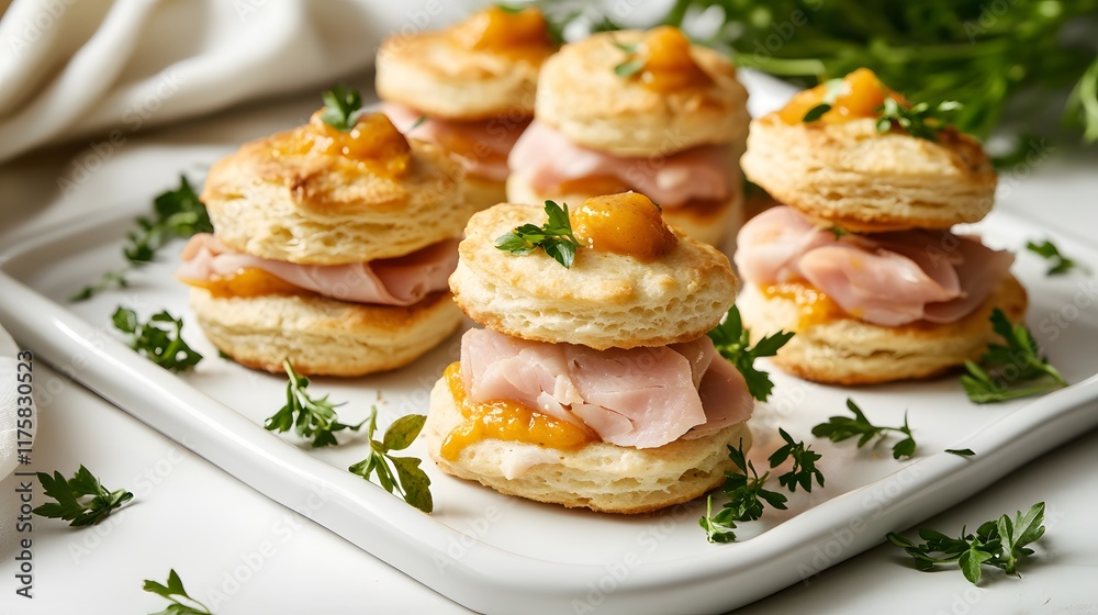 Mini ham biscuit sandwiches filled with savory ham and a tangy apricot mustard, elegantly presented on a sleek white platter with fresh herbs Mini ham biscuit sandwiches filled with savory ham and a tangy apricot mustard, elegantly presented on a sleek white platter with fresh herbs