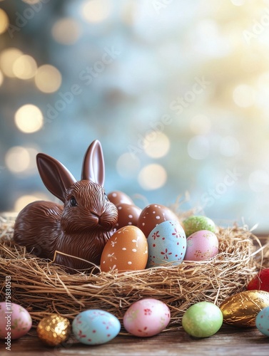 easter, holidays and object concept - close up of colored eggs in straw nest and chocolate bunnies on wooden table over bokeh lighs photo