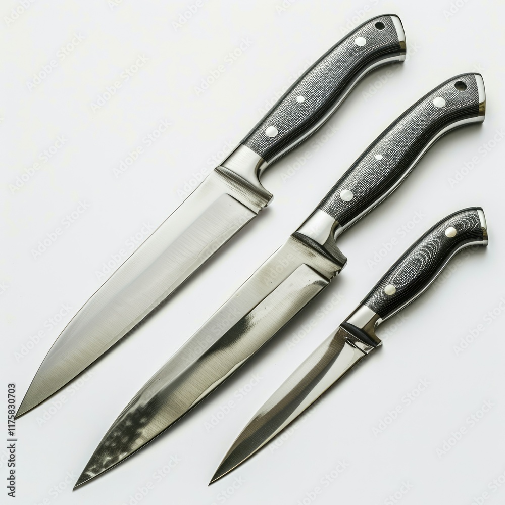 Obraz premium Three sleek kitchen knives with dark gray handles, arranged in descending size order on a white background.