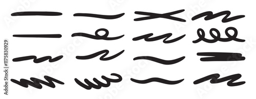 brush scribble underline. Marker pen line highlight swoosh stroke. Vector underline set