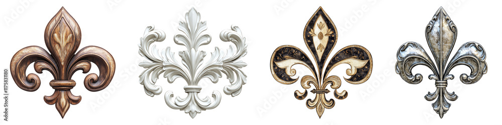 Fleur de lis fabric motif isolated on transparent background, Set of Fleur de lis fabric motif isolated on transparent background, Set of