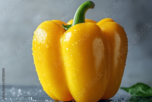 A single yellow bell pepper covered in water droplets