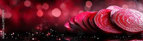 Freshly sliced beets on a reflective surface, showcasing their vibrant color against a blurred red background. photo