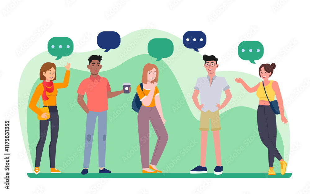 Fototapeta premium Dialogue between characters concept. Young men and women communicate with each other discussing project or news. People with speech bubbles speak on social networks. Cartoon flat vector illustration