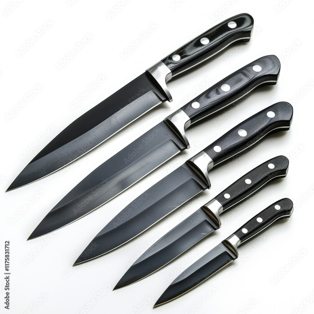 Obraz premium Set of five black-handled kitchen knives, varying in size, arranged on a white background.