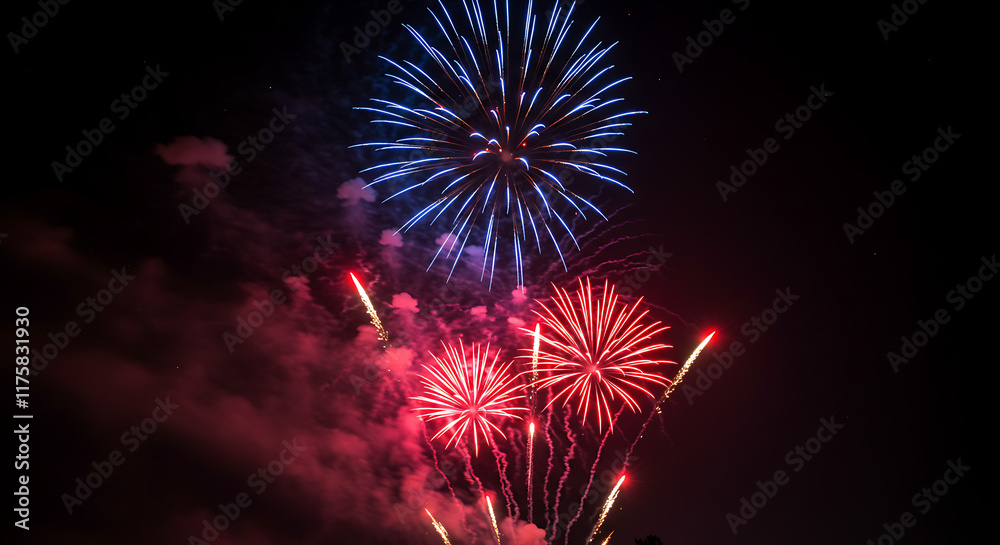 Spectacular Fireworks Display at Night, Blue and Red Spectacular Fireworks Display at Night, Blue and Red