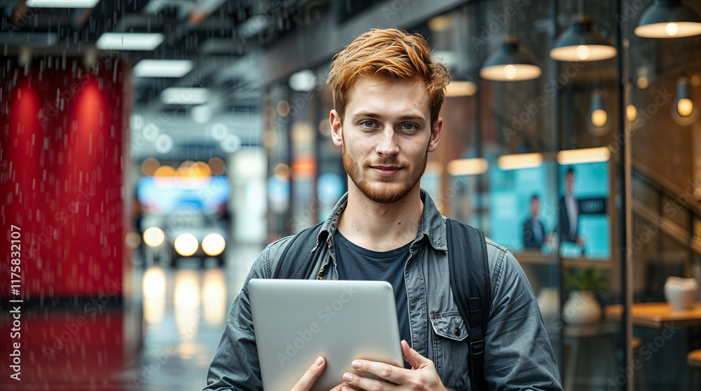 A young man with reddish hair looks at the camera, holding a tablet A young man with reddish hair looks at the camera, holding a tablet