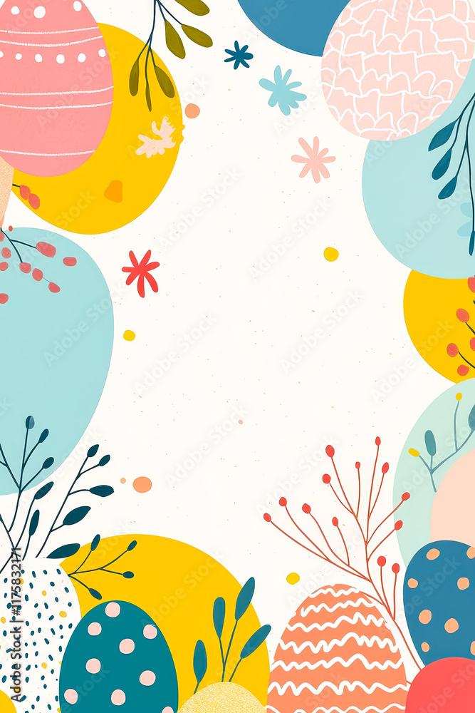 Naklejka premium Colorful and playful decorative background with hand-drawn easter eggs and floral elements