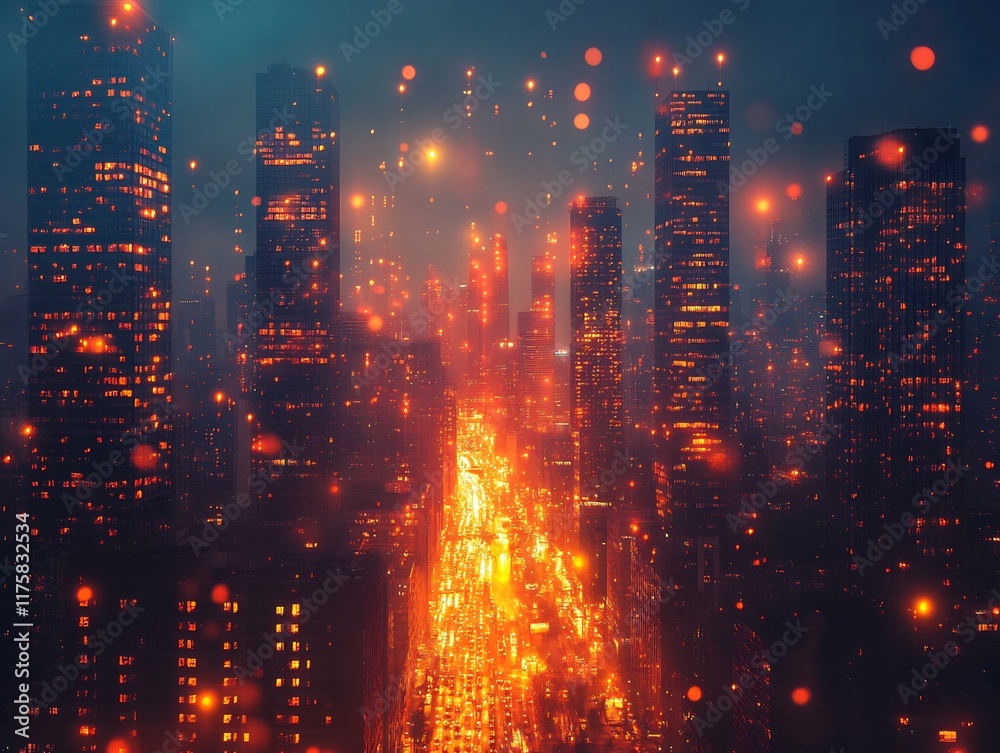 Obraz premium Vibrant Futuristic Cityscape: Nighttime Digital Painting in a Strikingly Imaginative Style. AI Generated