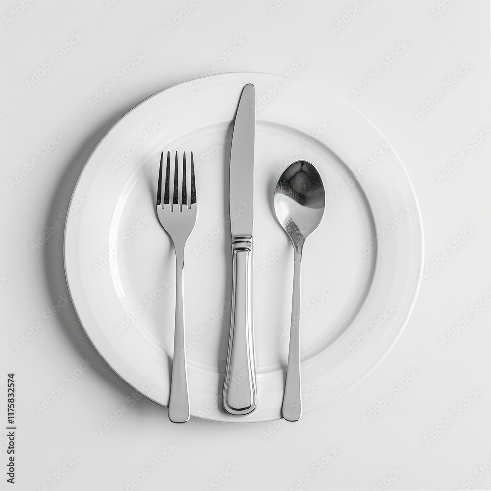 A minimalist image showcasing a fork, knife, and spoon elegantly placed on a white plate. A minimalist image showcasing a fork, knife, and spoon elegantly placed on a white plate.