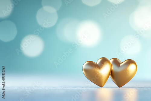 Two golden hearts symbolizing love and affection, set against a soft bokeh background, creating a romantic and warm atmosphere. photo