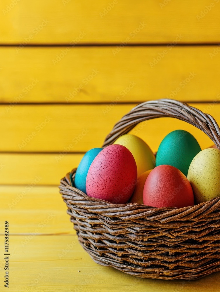 easter, holidays, tradition and object concept - close up of colored eggs in basket over yellow wooden boards background