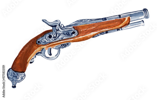 Watercolor Hand-Painted Pirate Flintlock Pistol Illustration – Hand-Drawn Vintage Pirate Weapon. Perfect for Nautical Decor, Coastal Art, Stickers, Prints, Posters, Scrapbooking, Invitations, isolated photo