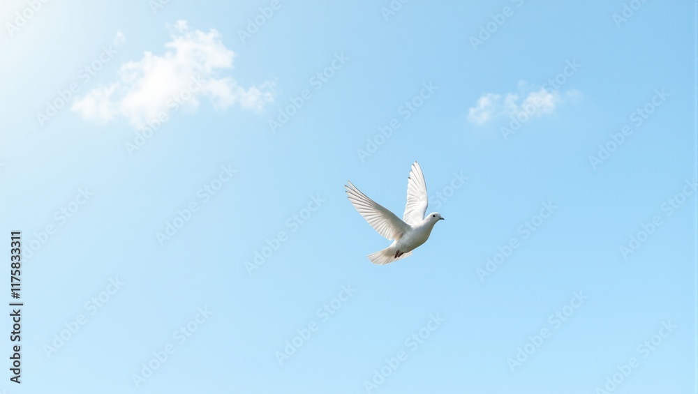 Obraz premium Majestic white dove soaring under radiant sunlight in a serene blue sky