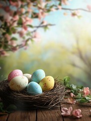 Colorful easter eggs in a bird nest on a wooden table, with a blurred spring background, featuring spring flowers and easter decorations.