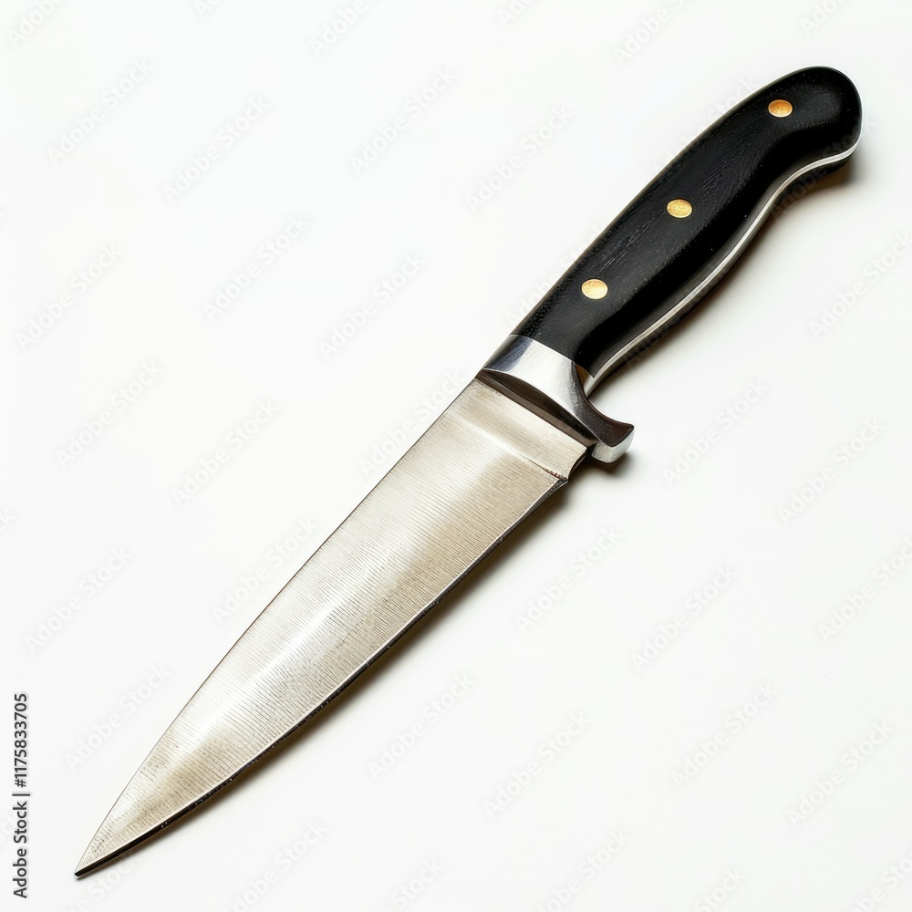 A sharp, stainless steel knife with a black handle, isolated on a white background. A sharp, stainless steel knife with a black handle, isolated on a white background.