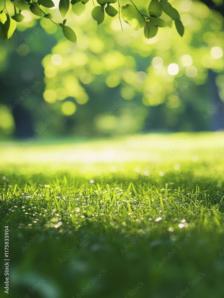 Fototapeta premium Blurred background of lush green park in summer. Abstract nature background with bokeh of sunny park with green grass and trees. Summer backdrop for relaxation and tranquility.