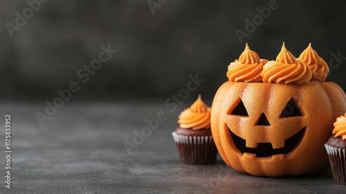 Halloween Pumpkin Cupcakes Dark Background, Close-up Composition, Festive Treats, Pumpkin Shaped Cake, Orange Frosting Halloween, Cupcakes photo