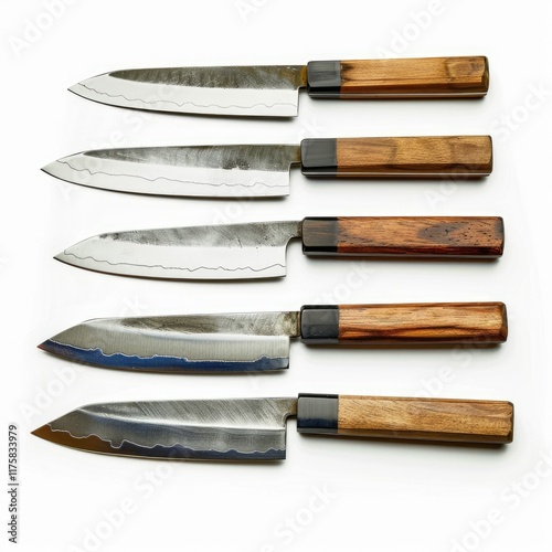 A collection of five handcrafted Japanese knives with wooden handles and unique steel blades. photo