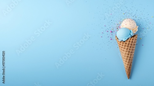 Double Scoop Ice Cream Cone on Blue Background with Sprinkles, Food Photography, Summer Concept Ice cream, summer treats