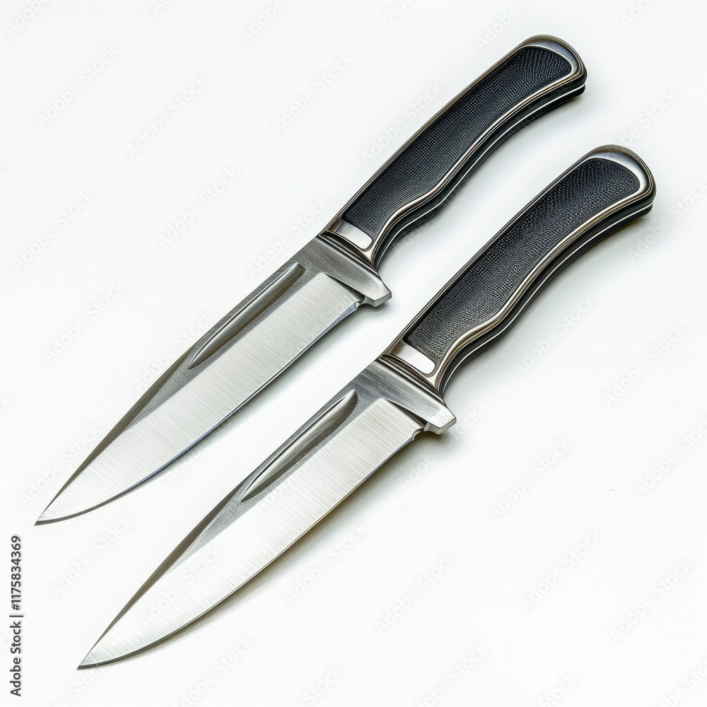 Obraz premium Two sleek hunting knives with dark handles and metallic blades, positioned parallel on a white background.