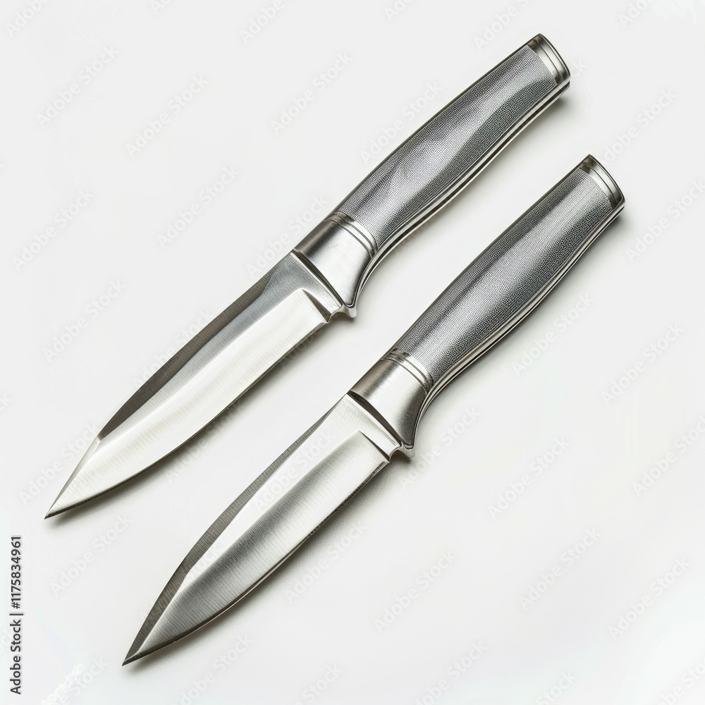 Fototapeta premium Two sleek, silver hunting knives with textured handles lie on a white background.