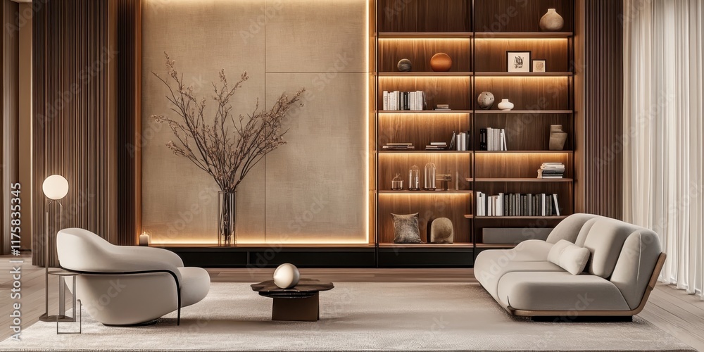 Fototapeta premium Modern living room interior, minimalist design, warm wood tones, built-in shelving unit, cream armchairs, metallic accents, large window, natural light, dried floral arrangement, neutral color palette