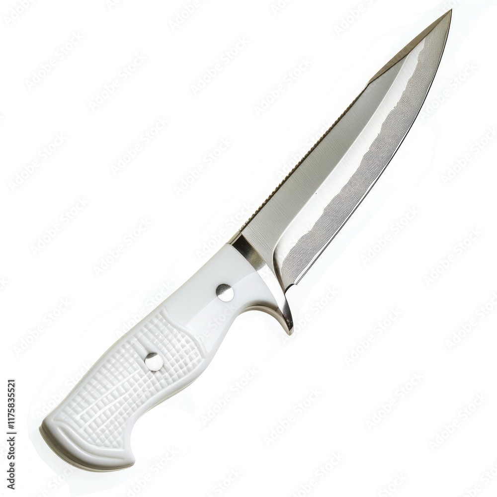 Obraz premium A sleek, white-handled knife with a patterned, stainless steel blade, ideal for hunting or outdoor activities.