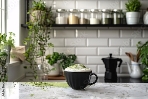 Wallpaper Mural A matcha latte topped with green tea powder rests in a black cup on a marble counter. Behind it, shelves filled with plants and kitchen ingredients create a warm and inviting atmosphere Torontodigital.ca