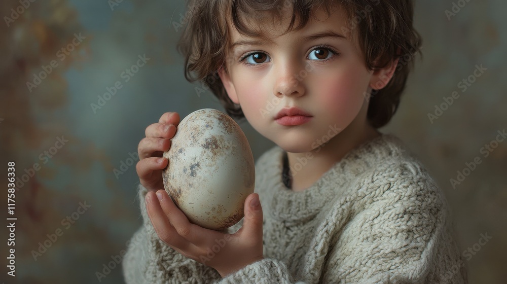 Naklejka premium A young boy holding an Easter egg