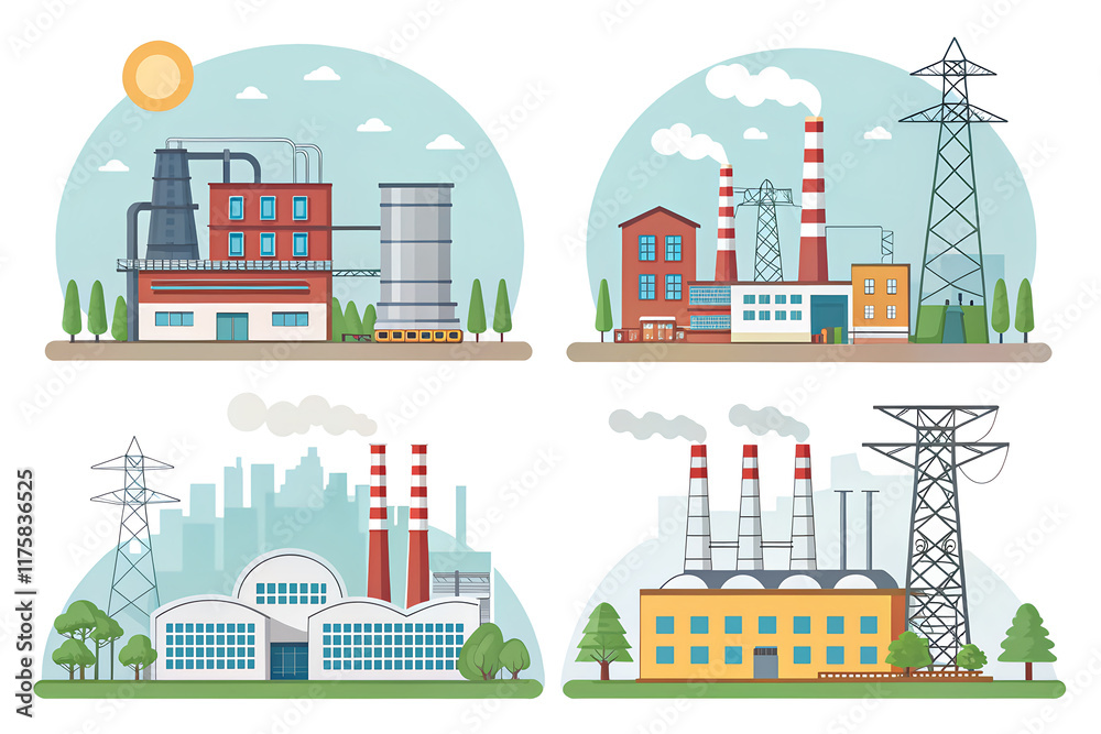 Obraz premium Industrial City Landscape with Factories and Power Plants Illustration